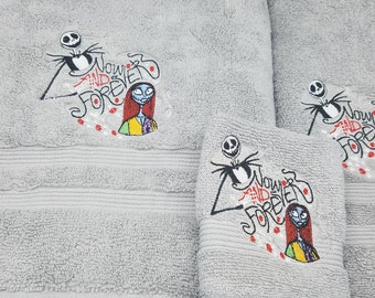 Nightmare Before Christmas on Silver Gray Embroidered Bath Towel Set - Bath Towel, Hand Towel and Washcloth - FREE SHIPPING
