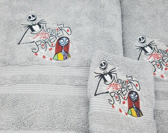 Nightmare Before Christmas on Silver Gray Embroidered Bath Towel Set - Bath Towel, Hand Towel and Washcloth