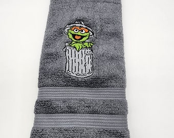 Oscar The Grouch on Gray - Embroidered Hand Towel - Free Shipping