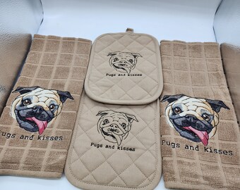 Pugs and Kisses on Tan - 4 Piece Embroidered Kitchen Towel Set - Ready To Ship