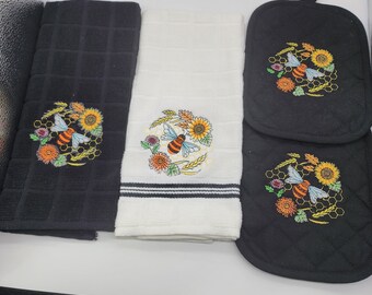 Ready To Ship - 4 Piece Embroidered Kitchen Towel Set - Bees & Flowers - Free Shipping