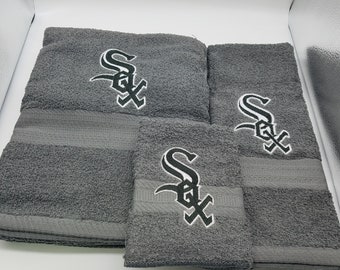 Ready To Ship - White Sox on Gray - 3 Piece Embroidered Towel Set - Bath Towel, Hand Towel and Washcloth