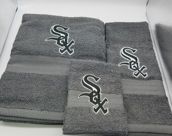 White Sox on Gray - 3 Piece Embroidered Towel Set - Bath Towel, Hand Towel and Washcloth