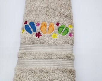 Flip Flops  - Embroidered Hand Towel - Face Towel - Order One or More - Choice of Towel Color