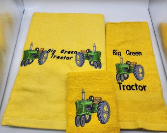Big Green Tractor on Yellow 3 Piece Embroidered Towel Set - Bath Sheet, Hand Towel and Washcloth