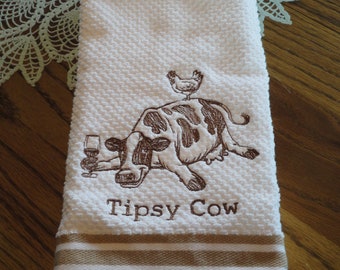 Tipsy Cow - Embroidered Cotton Kitchen Towel - Pick Your Color of Towel
