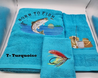 Fly Fishing Trout Born To Fish * Pick Your Size of Set and Towel Color * Bath Sheet, Bath Towel, Hand Towel & Washcloth