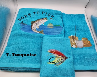 Fly Fishing Trout Born To Fish * Pick Your Size of Set and Towel Color * Bath Sheet, Bath Towel, Hand Towel & Washcloth * Free Shipping