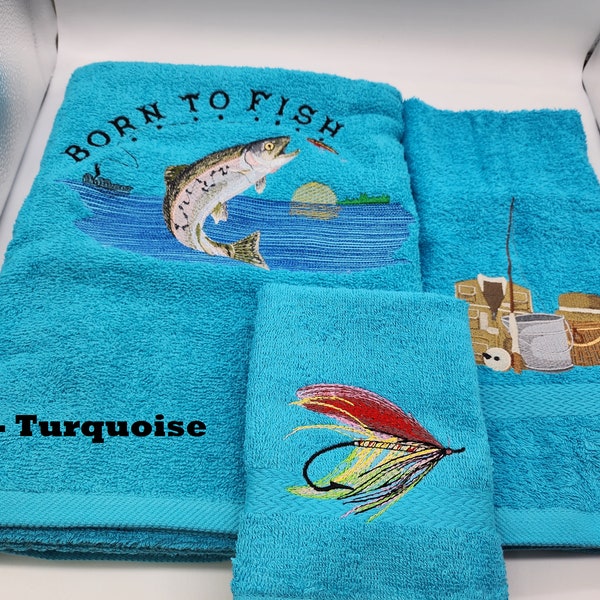 Fly Fishing Trout Born To Fish * Pick Your Size of Set and Towel Color * Bath Sheet, Bath Towel, Hand Towel & Washcloth * Free Shipping