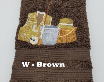 Fly Fishing Equipment - Embroidered Hand Towel - Pick Color of Towel - Order One or More - Bathroom Decor
