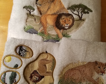Lion - Embroidered Towels - Order Set or Individually and Pick Color of Towel - Bath Sheet, Bath Towel, Hand Towel and Washcloth