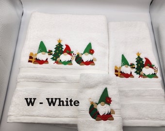 Christmas Gnome - Towels - Pick Towel Color and Set or Individually - Bath Sheet, Bath Towel, Hand Towel and Washcloth - FREE SHIPPING