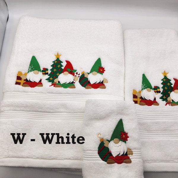 Christmas Gnome - Towels - Pick Towel Color and Set or Individually - Bath Sheet, Bath Towel, Hand Towel and Washcloth - FREE SHIPPING