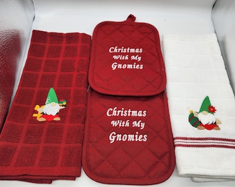 4 Piece Embroidered Kitchen Towel Set - Christmas With My Gnomies - Order as sets or individually