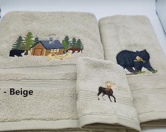 Cabin in the Woods - Embroidered Towels - Bath Towel, Hand Towel and Washcloth - Order Set or Individually - FREE SHIPPING