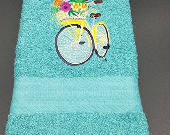 Summer Bike - Embroidered Hand Towels - Choice of Towel Colors - Bathroom Towels - Face Towels - Free Shipping