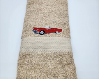 In Stock - Ready To Ship - Vintage Red Car on Sandstone  - Embroidered Hand Towel - Face Towel - Free Shipping