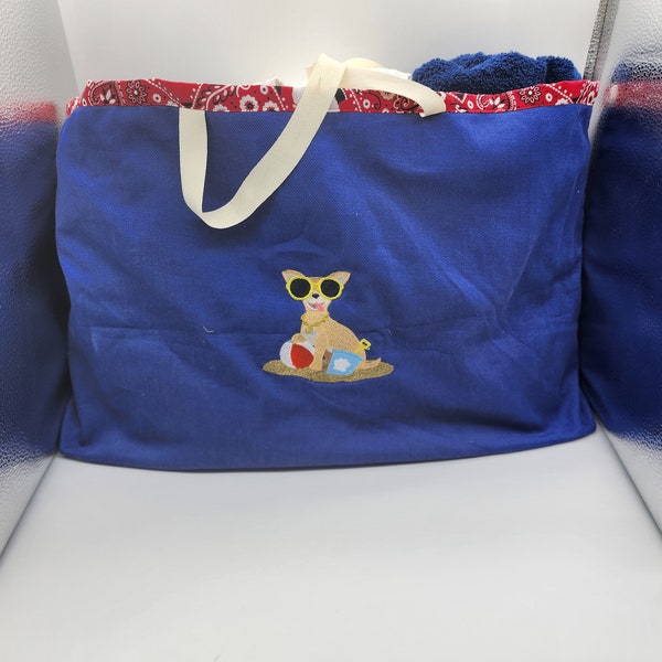 Embroidered Chihuahua - Blue Denim Tote  - Ready To Ship - Free Shipping