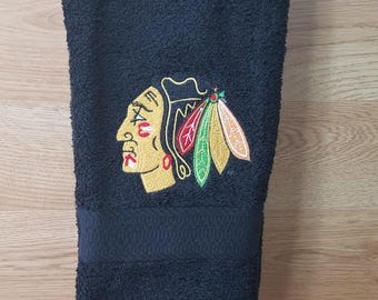 Chicago Blackhawks on Black - Embroidered Hand Towel - In Stock - Ready To Ship
