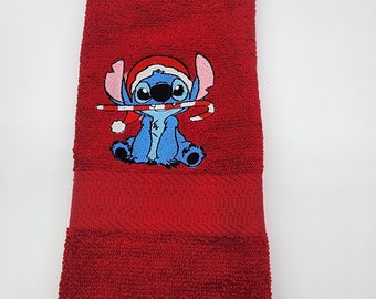 Stitch with Candy Cane on Red Embroidered Hand Towel - Face Towel -  Free Shipping