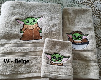 Baby Yoda - Embroidered Towels - Choose Your Size of Set and Color of Towel - Bath Towel, Hand Towel and Washcloth - FREE SHIPPING