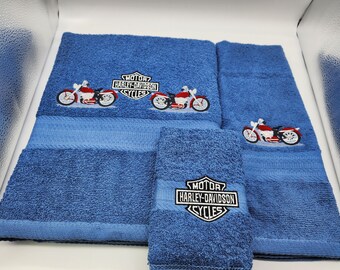 Red Harley on Blue - 3 Piece Embroidered Towel Set - Bath Towel, Hand Towel and Washcloth - Ready To Ship