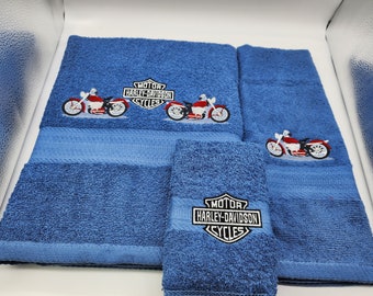 Red Harley on Blue - 3 Piece Embroidered Towel Set - Bath Towel, Hand Towel and Washcloth - Ready To Ship