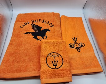Ready To Ship - Percy Jackson on Orange  - 3 Piece Embroidered Towel Set - Bath Sheet, Hand Towel and Washcloth