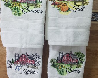 Ready To Ship - Barn Seasons - Set of 4  on White - Embroidered Hand Towels - Face Towel - Decorated Towel- Free Shipping