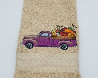 In Stock - Ready To Ship - Fall Truck on Tan - Embroidered Hand Towel - Face Towel - Free Shipping