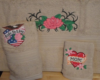 Biker Mom - Embroidered Bath Towel Set - Bath Towel, Hand Towel and Washcloth - FREE SHIPPING - Order Set or Individually