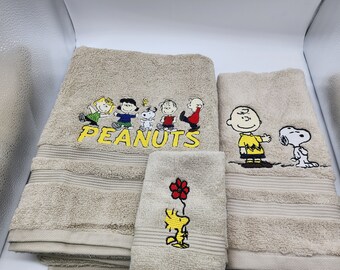 Peanuts on Beige - 3 Piece Embroidered Towel Set - Bath Towel, Hand Towel and Washcloth - Ready To Ship - Free Shipping