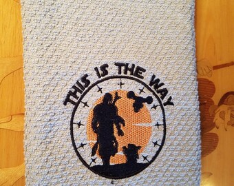 Mandalorian on Silver Gray Embroidered Cotton Kitchen Towel - Ready To Ship