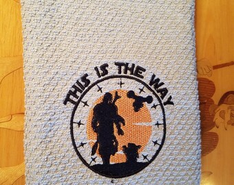 Mandalorian on Silver Gray Embroidered Cotton Kitchen Towel - Ready To Ship - Free Shipping