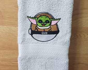 In Stock - Ready To Ship - Baby Yoda on Silver Gray - Embroidered Hand Towel - Free Shipping