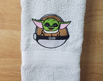 Baby Yoda on Silver Gray - Embroidered Hand Towel - Ready To Ship