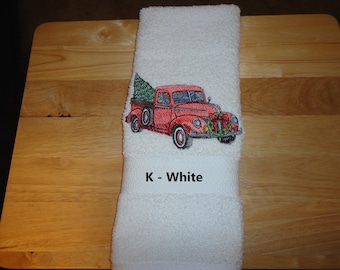 Christmas Truck - Embroidered Hand Towel -  Decorated Towel - Face Towel - Order One or More - Choice of Towel Color