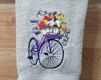 Purple Fall Harvest on Beige  - Embroidered Hand Towel - In Stock - Ready To Ship