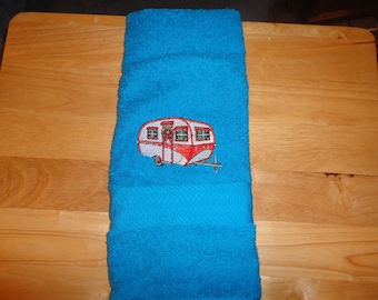 Christmas Trailer Camper - Embroidered Hand Towel - Choose Your Color of Towel - Order One or More - Bathroom Decor - Free Shipping