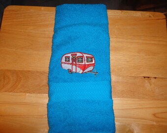 Christmas Trailer Camper - Embroidered Hand Towel - Choose Your Color of Towel - Order One or More - Bathroom Decor - Free Shipping