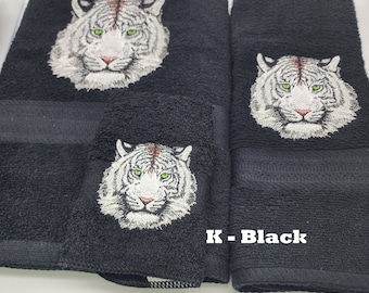 White Tiger - Embroidered Towels - Pick Individually or Set and Towel Color - Bath Sheet, Bath Towel, Hand Towel and Washcloth