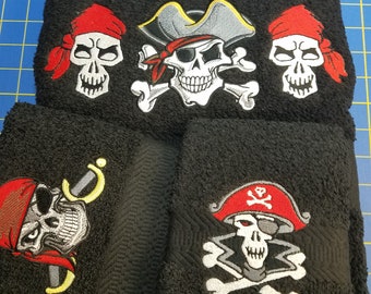 Pirates - Embroidered Bath Towel Set - Bath Towel, Hand Towel and Washcloth - FREE SHIPPING - Order Set or Individually