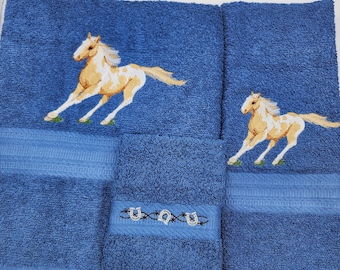 Painted Horses on Blue - Embroidered 3 Piece Bath Set - Bath Towel, Hand Towel & Washcloth - In Stock - Ready To Ship