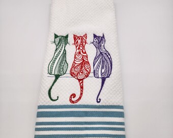 3 Cats - Embroidered Cotton Kitchen Towel - Choose Color of Towel - Kitchen Decor - Free Shipping