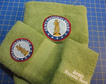 Ready To Ship - Army National Guard on Moss Green  - 3 Piece Embroidered Towel Set - Bath Towel, Hand Towel and Washcloth