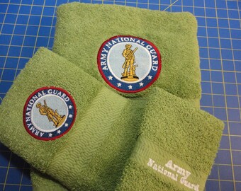 Army National Guard on Moss Green  - 3 Piece Embroidered Towel Set - Bath Towel, Hand Towel and Washcloth