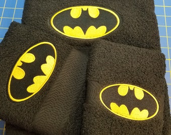 Batman on Black  - 3 Piece Embroidered Towel Set - Bath Towel, Hand Towel and Washcloth - Ready To Ship - Free Shipping