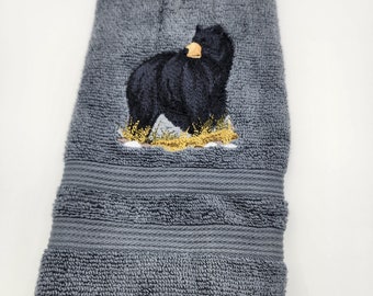 Black Bear on Gray Embroidered Hand Towel - Face Towel -  Free Shipping