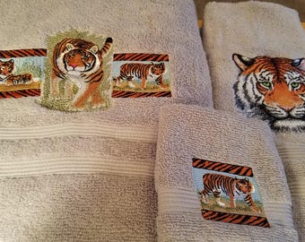 Tiger on Beige - 3 Piece Embroidered Towel Set - Bath Towel, Hand Towel and Washcloth - In Stock - Ready To Ship