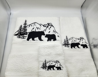 Black Bear Scene - Embroidered Towels - Order Individually or Set - Choose Towel Color-Bath Sheet, Bath Towel, Hand Towel and Washcloth